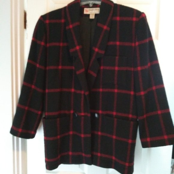 Vintage 80's Wool Plaid Double-Breasted Jacket with Shoulder Pads, Size S - Picture 1 of 4
